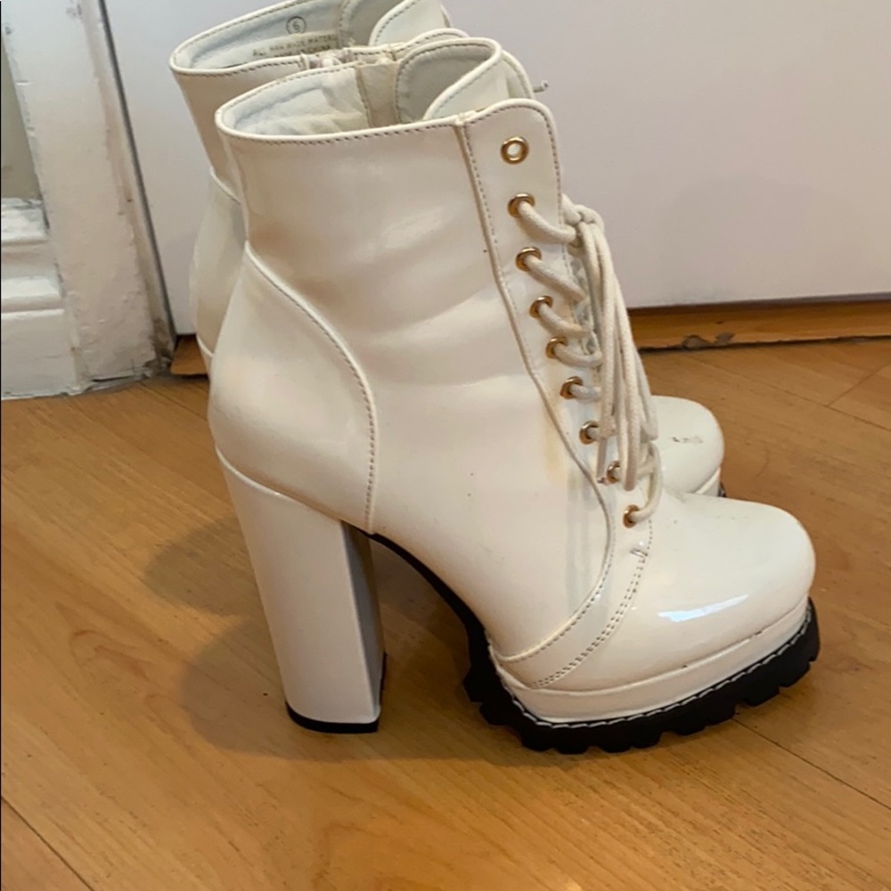 All white heel combat boots